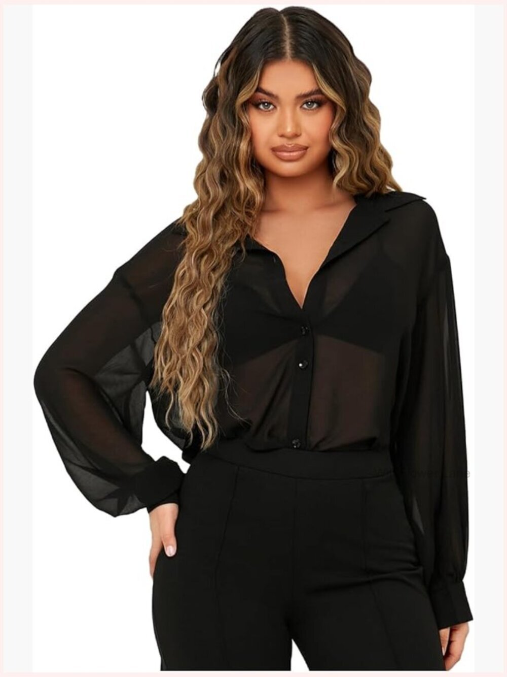 Sheer Mesh Button Up Tunic Blouse See Through Top Long Sleeve